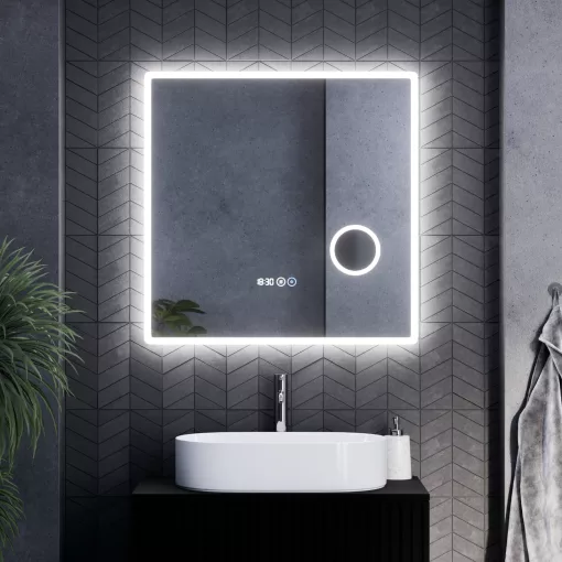 HD Arezzo 80 cm széles fali szögletes LED okostükör kozmetikai tükörrel, ambient világítással, érintőkapcsolóval, digitális órával és páramentesítő funkcióval