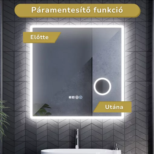 HD Arezzo 80 cm széles fali szögletes LED okostükör kozmetikai tükörrel, ambient világítással, érintőkapcsolóval, digitális órával és páramentesítő funkcióval