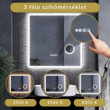 HD Arezzo 80 cm széles fali szögletes LED okostükör kozmetikai tükörrel, ambient világítással, érintőkapcsolóval, digitális órával és páramentesítő funkcióval