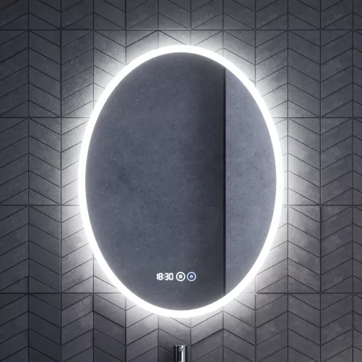 HD York 60 cm széles fali ovális LED okostükör ambient világítással, érintőkapcsolóval, digitális órával és páramentesítő funkcióval