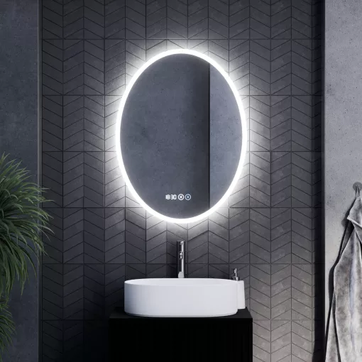 HD York 60 cm széles fali ovális LED okostükör ambient világítással, érintőkapcsolóval, digitális órával és páramentesítő funkcióval