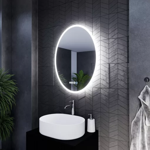 HD York 60 cm széles fali ovális LED okostükör ambient világítással, érintőkapcsolóval, digitális órával és páramentesítő funkcióval