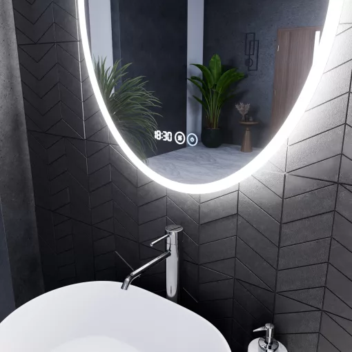 HD York 60 cm széles fali ovális LED okostükör ambient világítással, érintőkapcsolóval, digitális órával és páramentesítő funkcióval