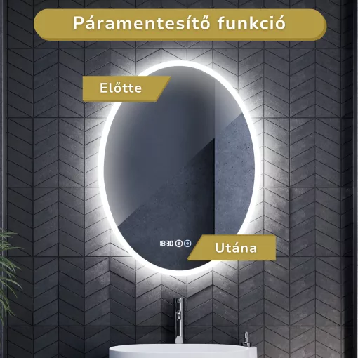 HD York 60 cm széles fali ovális LED okostükör ambient világítással, érintőkapcsolóval, digitális órával és páramentesítő funkcióval