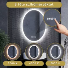 HD York 60 cm széles fali ovális LED okostükör ambient világítással, érintőkapcsolóval, digitális órával és páramentesítő funkcióval