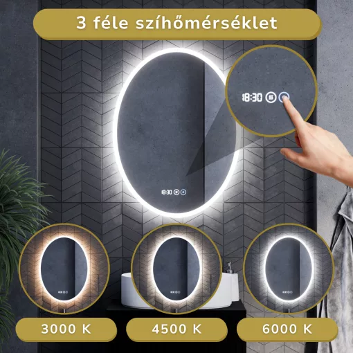 HD York 60 cm széles fali ovális LED okostükör ambient világítással, érintőkapcsolóval, digitális órával és páramentesítő funkcióval
