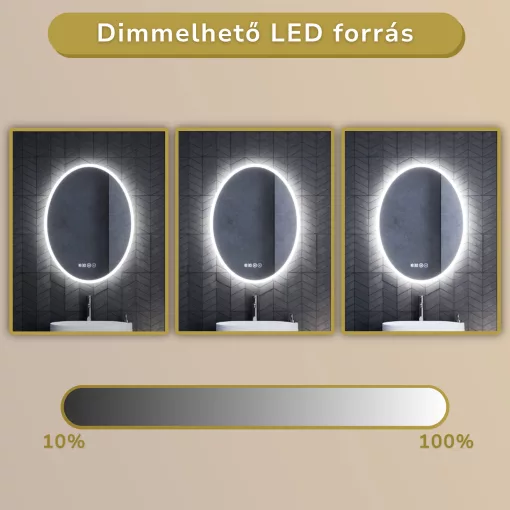 HD York 60 cm széles fali ovális LED okostükör ambient világítással, érintőkapcsolóval, digitális órával és páramentesítő funkcióval