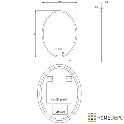 HD York 60 cm széles fali ovális LED okostükör ambient világítással, érintőkapcsolóval, digitális órával és páramentesítő funkcióval