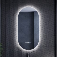   HD Dallas 50 cm széles fali ovális LED okostükör ambient világítással, érintőkapcsolóval, digitális órával és páramentesítő funkcióval