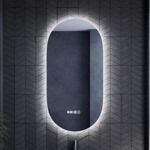 HD Dallas 50 cm széles fali ovális LED okostükör ambient világítással, érintőkapcsolóval, digitális órával és páramentesítő funkcióval