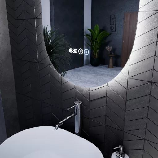 HD Dallas 50 cm széles fali ovális LED okostükör ambient világítással, érintőkapcsolóval, digitális órával és páramentesítő funkcióval
