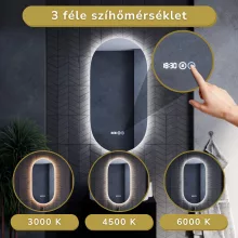 HD Dallas 50 cm széles fali ovális LED okostükör ambient világítással, érintőkapcsolóval, digitális órával és páramentesítő funkcióval