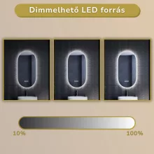 HD Dallas 50 cm széles fali ovális LED okostükör ambient világítással, érintőkapcsolóval, digitális órával és páramentesítő funkcióval
