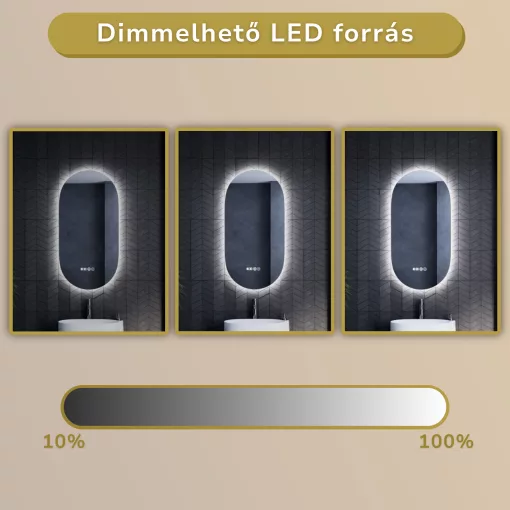 HD Dallas 50 cm széles fali ovális LED okostükör ambient világítással, érintőkapcsolóval, digitális órával és páramentesítő funkcióval