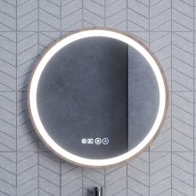HD Amazon Oak 60 cm széles fali kerek LED okostükör tölgyfa színű kerettel, érintőkapcsolóval, digitális órával és páramentesítő funkcióval