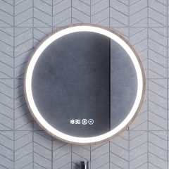   HD Amazon Oak 60 cm széles fali kerek LED okostükör tölgyfa színű kerettel, érintőkapcsolóval, digitális órával és páramentesítő funkcióval