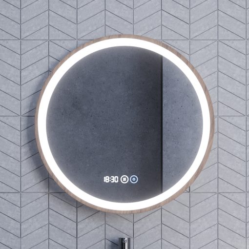HD Amazon Oak 60 cm széles fali kerek LED okostükör tölgyfa színű kerettel, érintőkapcsolóval, digitális órával és páramentesítő funkcióval
