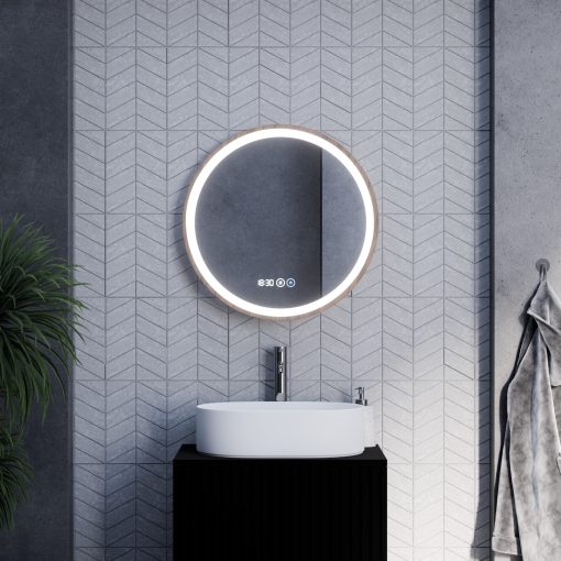 HD Amazon Oak 60 cm széles fali kerek LED okostükör tölgyfa színű kerettel, érintőkapcsolóval, digitális órával és páramentesítő funkcióval