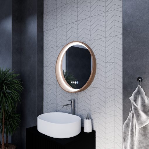 HD Amazon Oak 60 cm széles fali kerek LED okostükör tölgyfa színű kerettel, érintőkapcsolóval, digitális órával és páramentesítő funkcióval