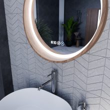 HD Amazon Oak 60 cm széles fali kerek LED okostükör tölgyfa színű kerettel, érintőkapcsolóval, digitális órával és páramentesítő funkcióval