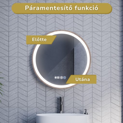 HD Amazon Oak 60 cm széles fali kerek LED okostükör tölgyfa színű kerettel, érintőkapcsolóval, digitális órával és páramentesítő funkcióval