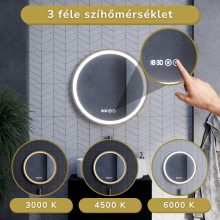 HD Amazon Oak 60 cm széles fali kerek LED okostükör tölgyfa színű kerettel, érintőkapcsolóval, digitális órával és páramentesítő funkcióval