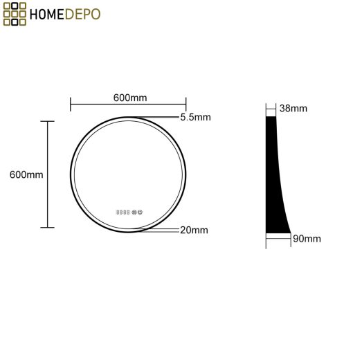 HD Amazon Oak 60 cm széles fali kerek LED okostükör tölgyfa színű kerettel, érintőkapcsolóval, digitális órával és páramentesítő funkcióval
