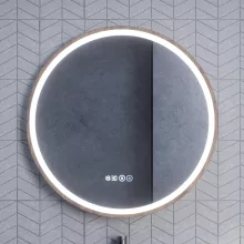HD Amazon Oak 80 cm széles fali kerek LED okostükör tölgyfa színű kerettel, érintőkapcsolóval, digitális órával és páramentesítő funkcióval