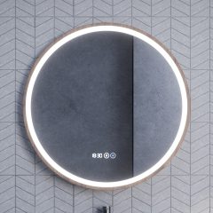   HD Amazon Oak 80 cm széles fali kerek LED okostükör tölgyfa színű kerettel, érintőkapcsolóval, digitális órával és páramentesítő funkcióval