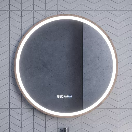 HD Amazon Oak 80 cm széles fali kerek LED okostükör tölgyfa színű kerettel, érintőkapcsolóval, digitális órával és páramentesítő funkcióval