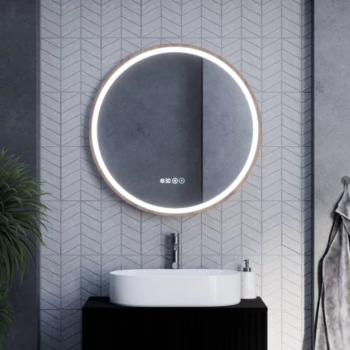 HD Amazon Oak 80 cm széles fali kerek LED okostükör tölgyfa színű kerettel, érintőkapcsolóval, digitális órával és páramentesítő funkcióval