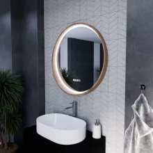 HD Amazon Oak 80 cm széles fali kerek LED okostükör tölgyfa színű kerettel, érintőkapcsolóval, digitális órával és páramentesítő funkcióval
