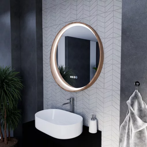 HD Amazon Oak 80 cm széles fali kerek LED okostükör tölgyfa színű kerettel, érintőkapcsolóval, digitális órával és páramentesítő funkcióval