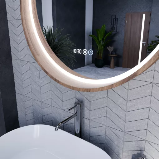 HD Amazon Oak 80 cm széles fali kerek LED okostükör tölgyfa színű kerettel, érintőkapcsolóval, digitális órával és páramentesítő funkcióval