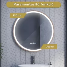 HD Amazon Oak 80 cm széles fali kerek LED okostükör tölgyfa színű kerettel, érintőkapcsolóval, digitális órával és páramentesítő funkcióval