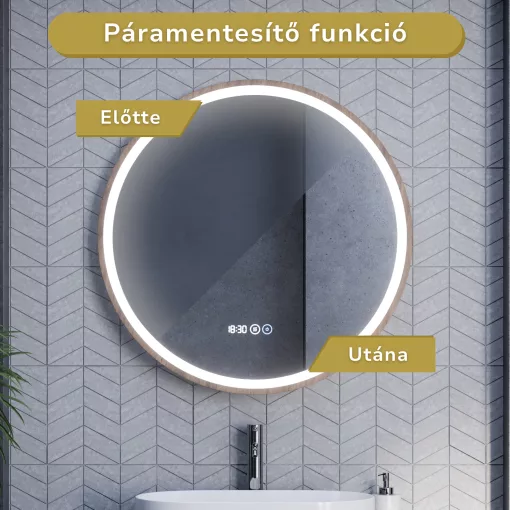 HD Amazon Oak 80 cm széles fali kerek LED okostükör tölgyfa színű kerettel, érintőkapcsolóval, digitális órával és páramentesítő funkcióval