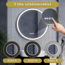 HD Amazon Oak 80 cm széles fali kerek LED okostükör tölgyfa színű kerettel, érintőkapcsolóval, digitális órával és páramentesítő funkcióval