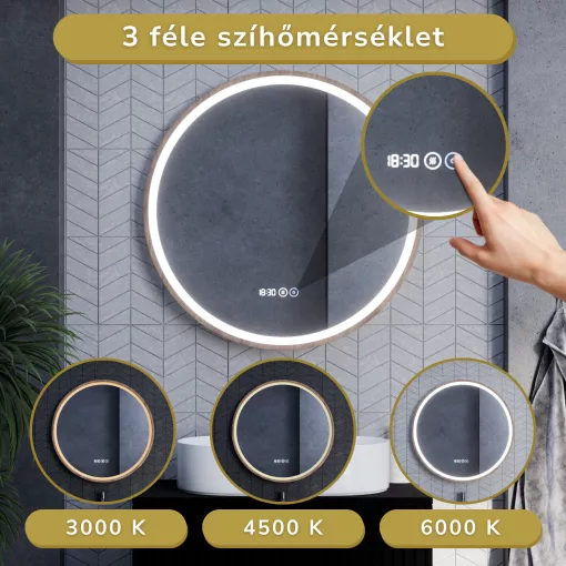HD Amazon Oak 80 cm széles fali kerek LED okostükör tölgyfa színű kerettel, érintőkapcsolóval, digitális órával és páramentesítő funkcióval