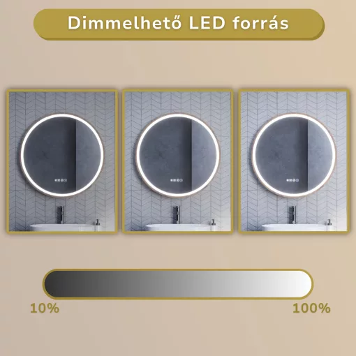 HD Amazon Oak 80 cm széles fali kerek LED okostükör tölgyfa színű kerettel, érintőkapcsolóval, digitális órával és páramentesítő funkcióval