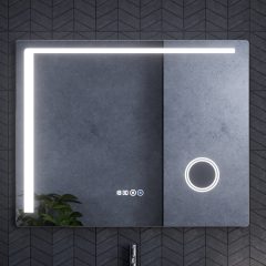   HD Bari 100 cm széles fali szögletes LED okostükör kozmetikai tükörrel, érintőkapcsolóval, digitális órával és páramentesítő funkcióval