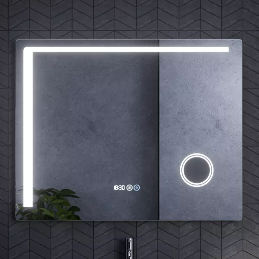 HD Bari 100 cm széles fali szögletes LED okostükör kozmetikai tükörrel, érintőkapcsolóval, digitális órával és páramentesítő funkcióval