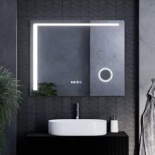 HD Bari 100 cm széles fali szögletes LED okostükör kozmetikai tükörrel, érintőkapcsolóval, digitális órával és páramentesítő funkcióval