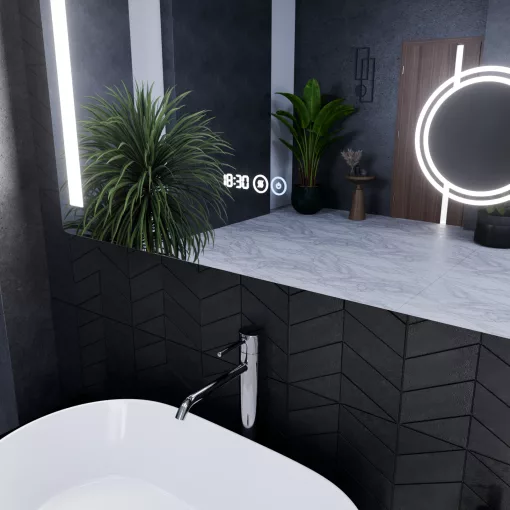 HD Bari 100 cm széles fali szögletes LED okostükör kozmetikai tükörrel, érintőkapcsolóval, digitális órával és páramentesítő funkcióval