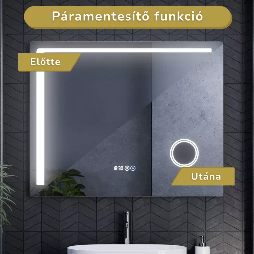 HD Bari 100 cm széles fali szögletes LED okostükör kozmetikai tükörrel, érintőkapcsolóval, digitális órával és páramentesítő funkcióval
