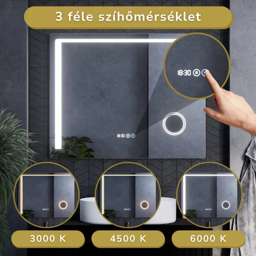 HD Bari 100 cm széles fali szögletes LED okostükör kozmetikai tükörrel, érintőkapcsolóval, digitális órával és páramentesítő funkcióval