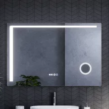 HD Bari 120 cm széles fali szögletes LED okostükör kozmetikai tükörrel, érintőkapcsolóval, digitális órával és páramentesítő funkcióval