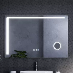   HD Bari 120 cm széles fali szögletes LED okostükör kozmetikai tükörrel, érintőkapcsolóval, digitális órával és páramentesítő funkcióval