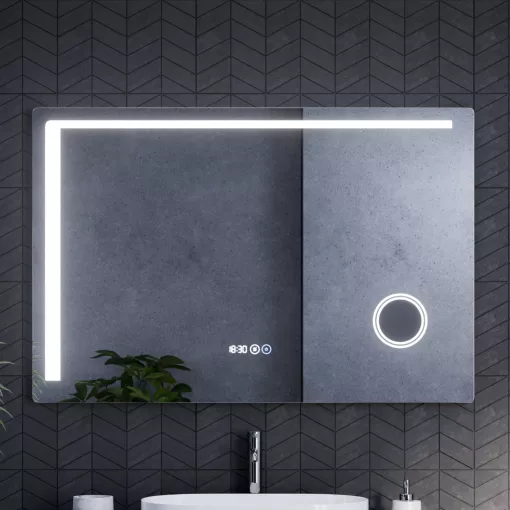 HD Bari 120 cm széles fali szögletes LED okostükör kozmetikai tükörrel, érintőkapcsolóval, digitális órával és páramentesítő funkcióval
