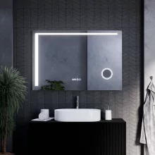 HD Bari 120 cm széles fali szögletes LED okostükör kozmetikai tükörrel, érintőkapcsolóval, digitális órával és páramentesítő funkcióval