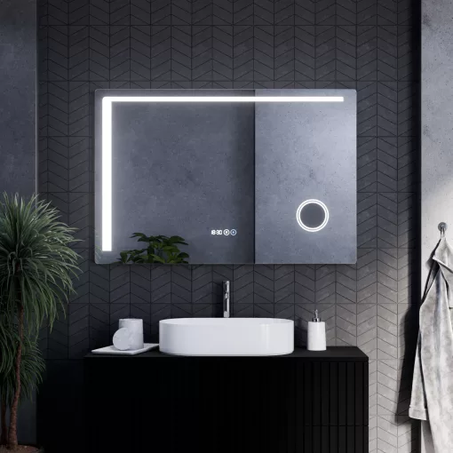 HD Bari 120 cm széles fali szögletes LED okostükör kozmetikai tükörrel, érintőkapcsolóval, digitális órával és páramentesítő funkcióval